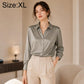 Women long-sleeve button-up shirt, grey satin look, collared, front buttons; Size XL