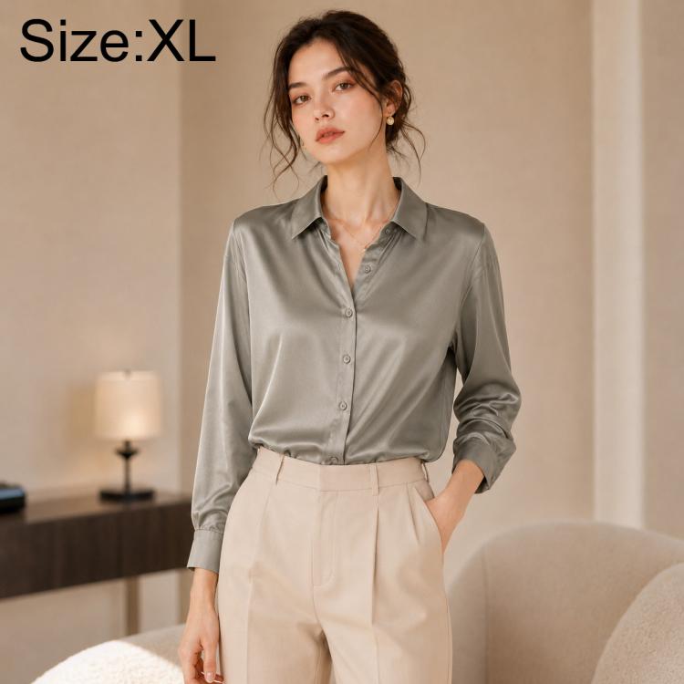 Women long-sleeve button-up shirt, grey satin look, collared, front buttons; Size XL