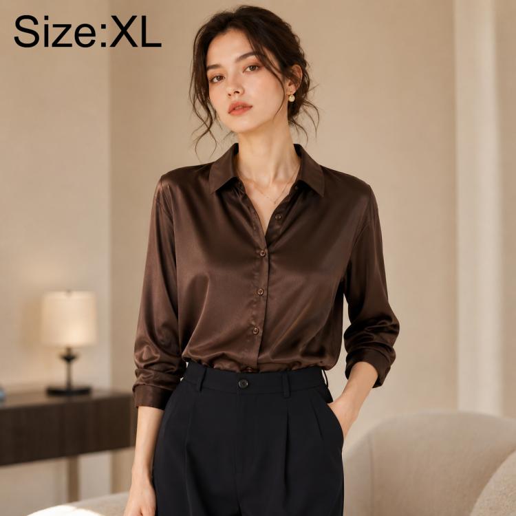 Women long-sleeve button-up shirt, dark brown satin, size XL