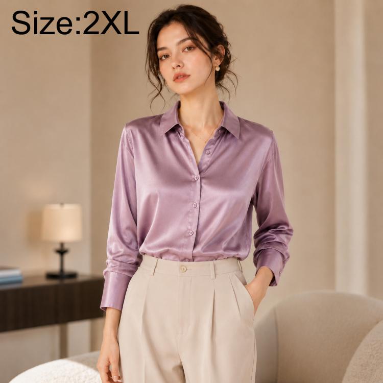 Women’s long-sleeve button-up shirt in lavender purple satin, classic collar, size 2XL