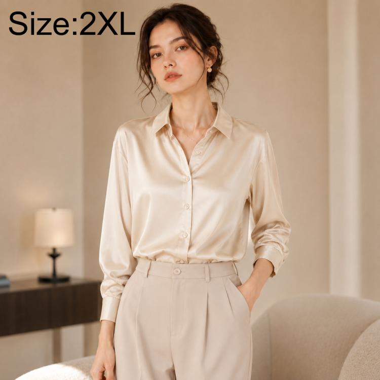 Cream satin long-sleeve button-up shirt with pointed collar and neatly buttoned front