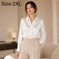 White satin long-sleeve blouse with button-front and pointed collar, women's