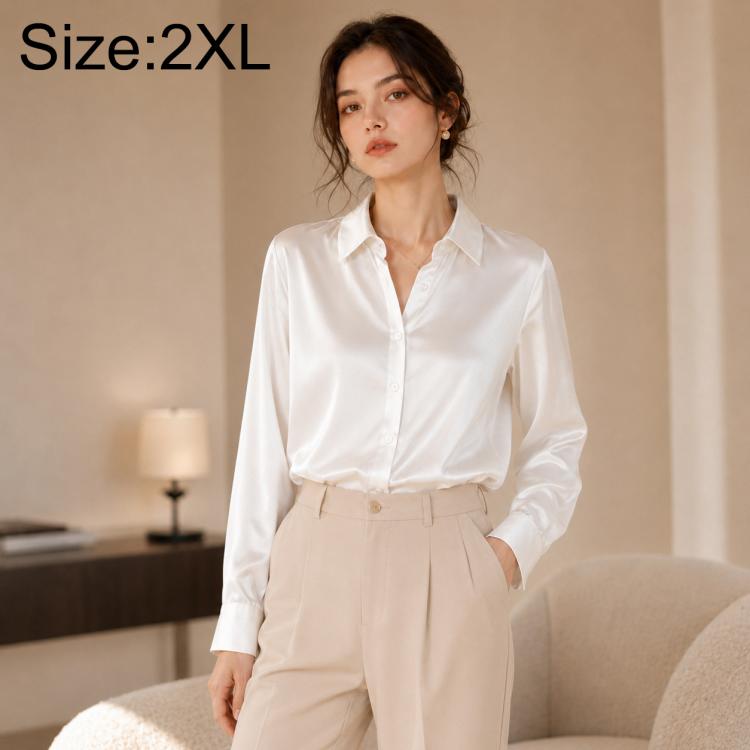 White satin long-sleeve blouse with button-front and pointed collar, women's