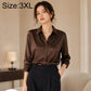Women long-sleeve button-up shirt, dark brown satin, size 3XL