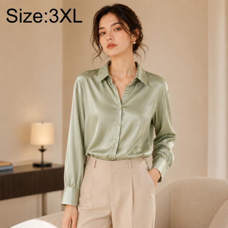 Women long-sleeve button-up shirt, light green satin, size 3XL