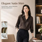 Dark brown satin long-sleeve blouse with button-front and pointed collar, women's