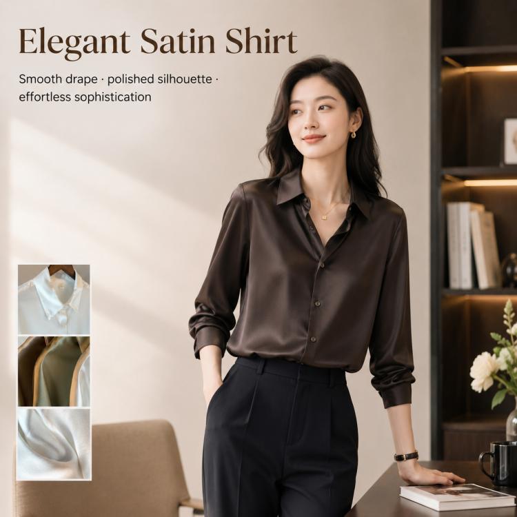 Dark brown satin long-sleeve blouse with button-front and pointed collar, women's
