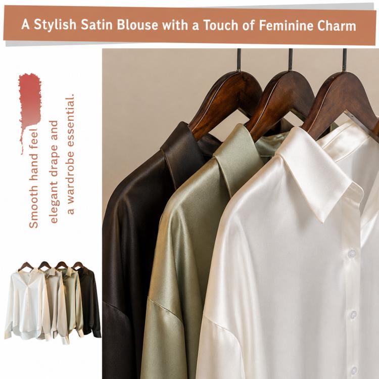 Satin blouses on hangers in white, beige, olive, and dark shades, button-front collar