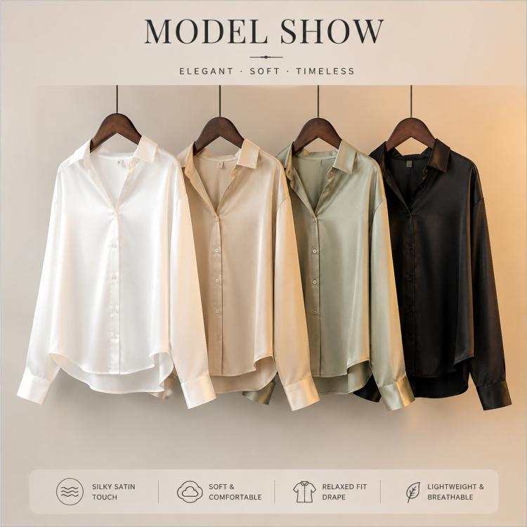 Assorted satin shirts on hangers: white, beige, sage, and black, button-front