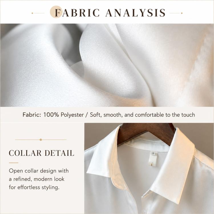 White satin fabric close-up with open collar detail for long-sleeve blouse