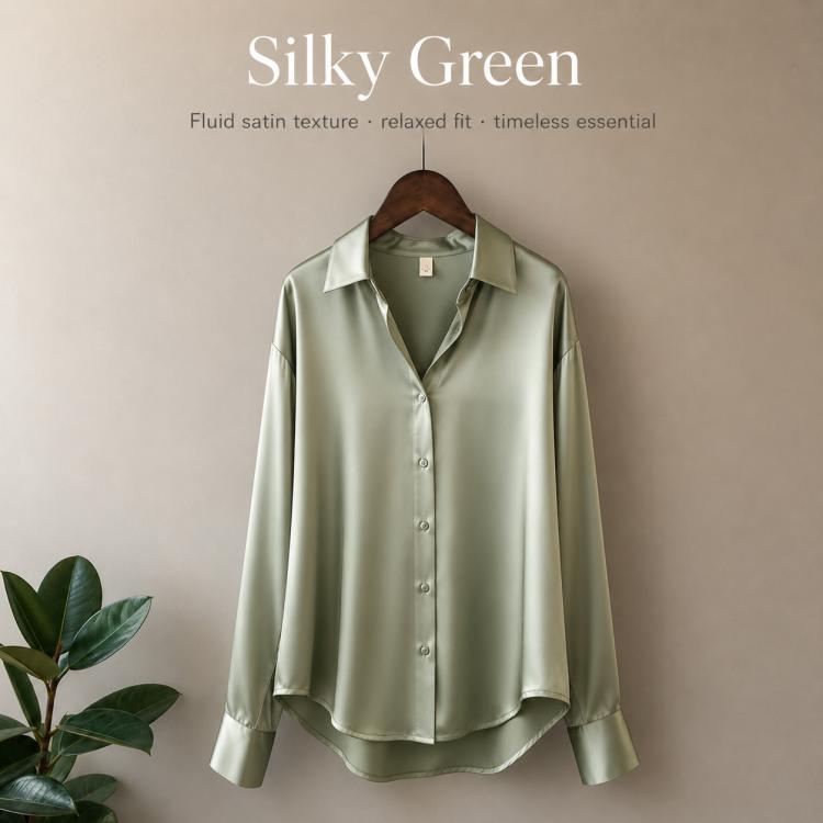 Green satin long-sleeve blouse with button-front and pointed collar, women's