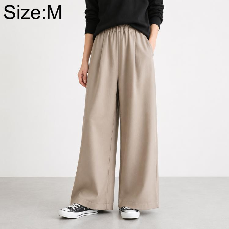 High-waisted wide-leg women’s pants with elastic waist, solid beige.