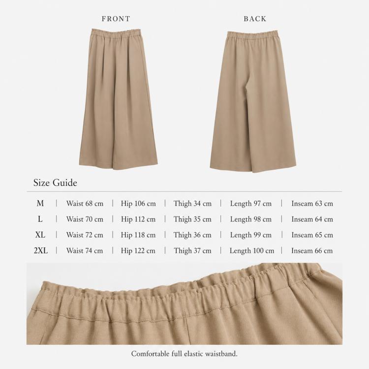 Beige wide-leg pants front and back view with comfortable elastic waistband