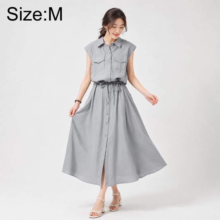 Dark blue sleeveless lapel button dress with chest pockets and tied waist, size M