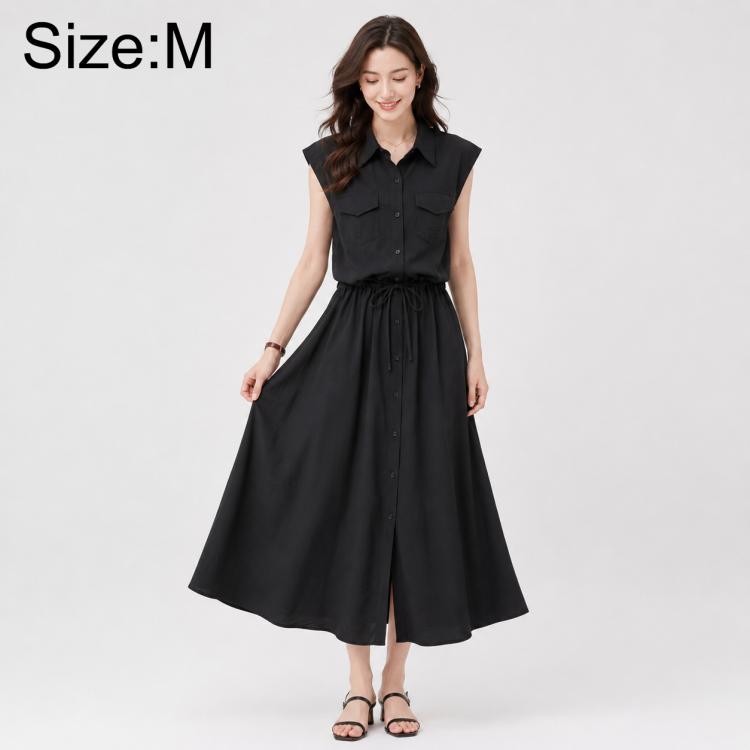 Black sleeveless lapel button dress with chest pockets and tied waist, size M