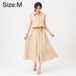 Khaki sleeveless lapel button dress with chest pockets and tied waist, size M