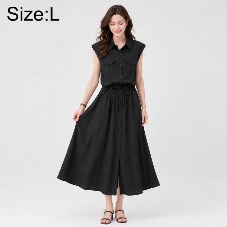 Black sleeveless lapel button dress with chest pockets and tied waist, size L