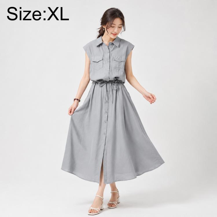 Women’s sleeveless shirt dress with lapel collar, button front, gray tie waist