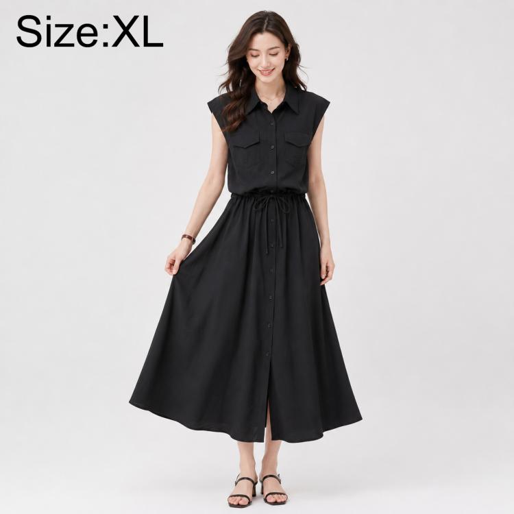 Black sleeveless lapel button dress with chest pockets and tied waist, size XL