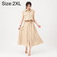 Khaki sleeveless lapel button dress with chest pockets and tied waist, size 2XL