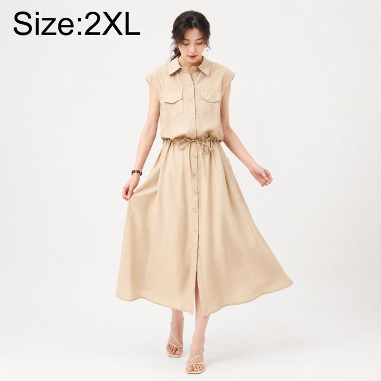 Khaki sleeveless lapel button dress with chest pockets and tied waist, size 2XL