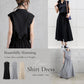 Women’s sleeveless shirt dress with lapel collar and tie waist, black (back and front)