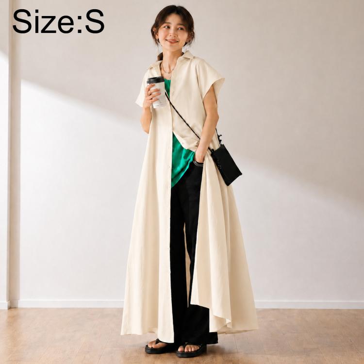 Beige short-sleeve lapel shirt dress, button-front, flowing maxi length, Size S