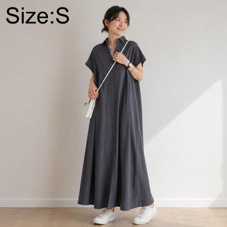Dark gray short-sleeve lapel shirt dress, button-front, flowing maxi length, Size S