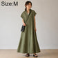 Olive green long A-line shirt dress with short sleeves and V-neck button-front