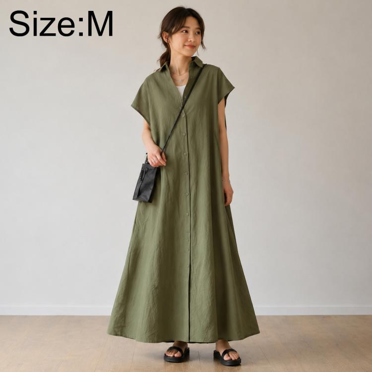 Olive green long A-line shirt dress with short sleeves and V-neck button-front
