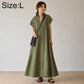 Olive green short-sleeve shirt dress, V-neck, button-front, ankle-length hem