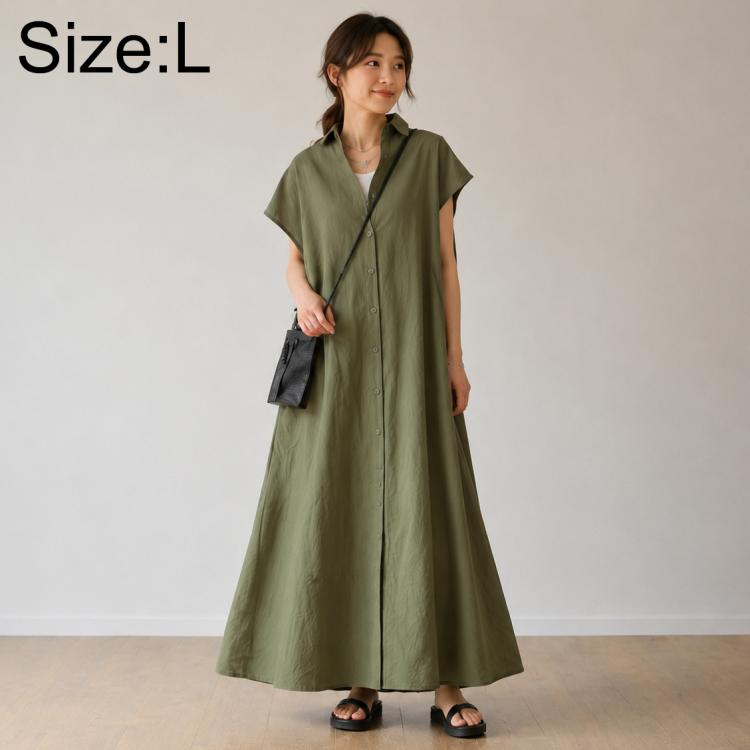 Olive green short-sleeve shirt dress, V-neck, button-front, ankle-length hem
