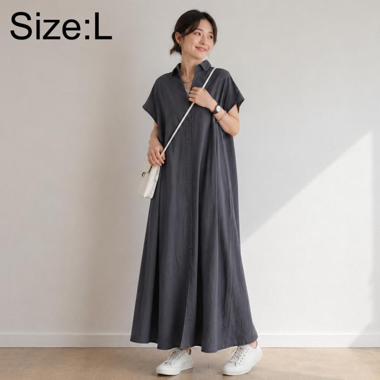 Dark gray short-sleeve lapel shirt dress, button-front, flowing maxi length, Size L