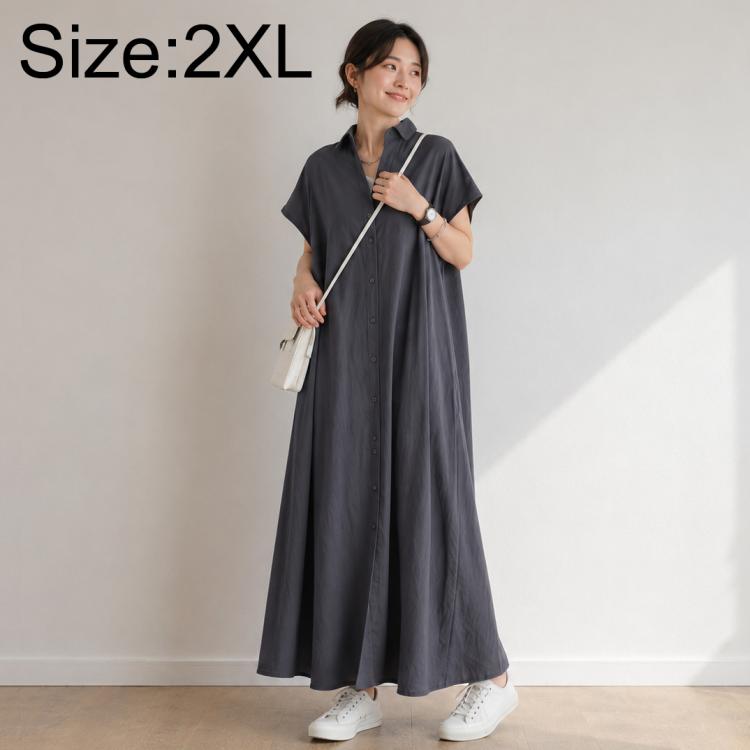 Dark gray short-sleeve lapel shirt dress, button-front, flowing maxi length, Size 2XL