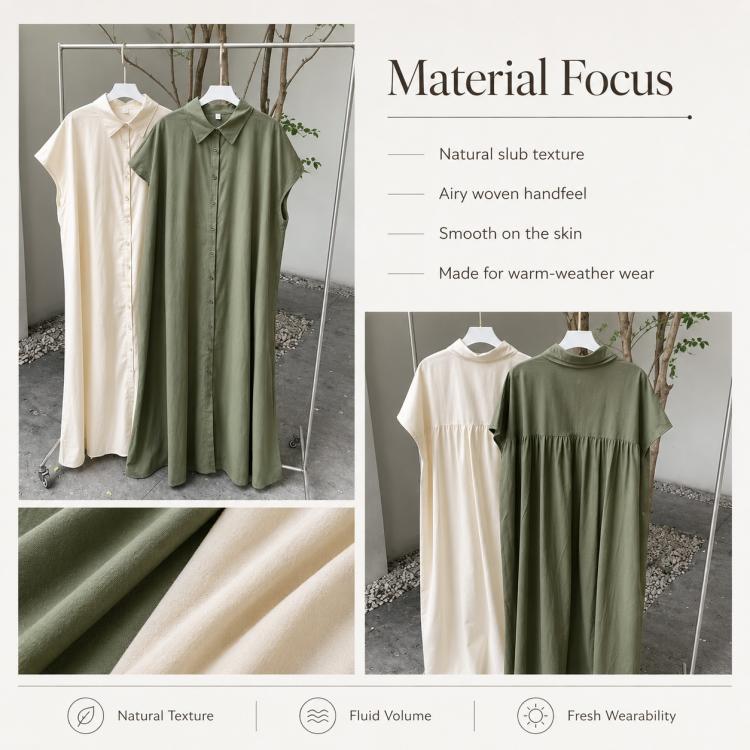 Cotton-linen shirt dress in cream and olive on hangers, short sleeves and button placket