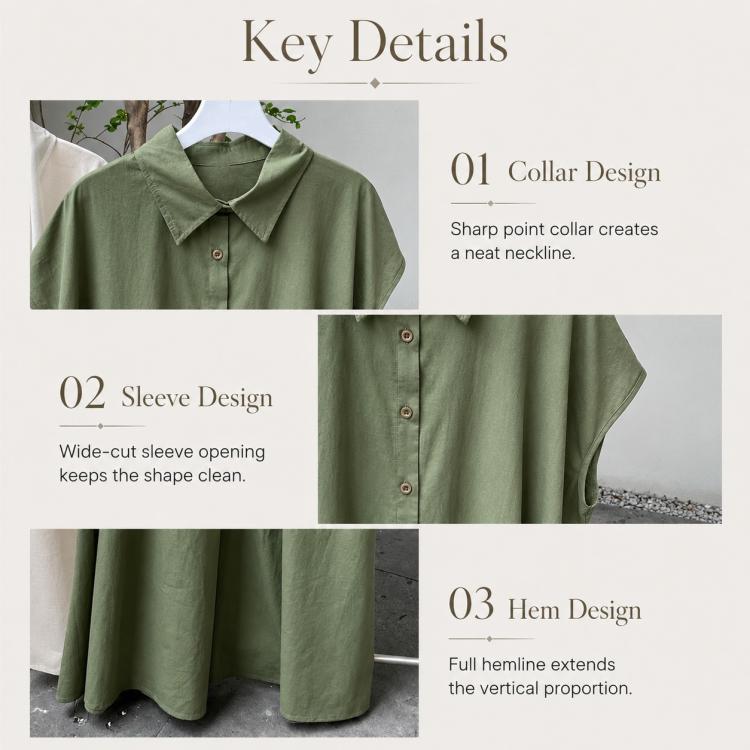 Olive green shirt dress key details: point collar, wide sleeve opening, full hem