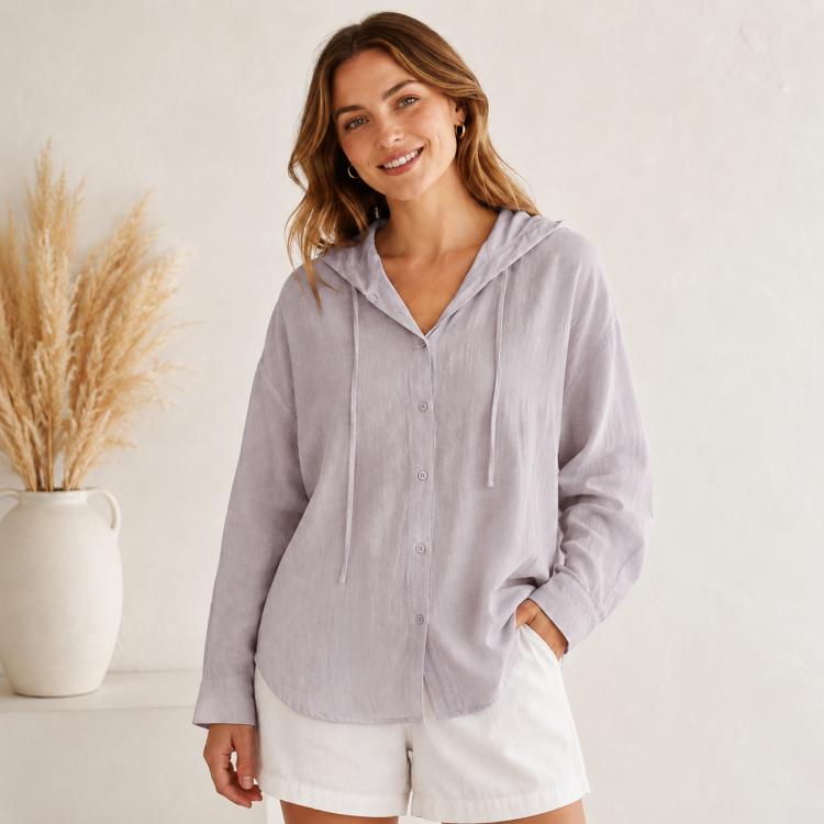 Lavender hooded linen coat with long sleeves, button front, and drawstring ties