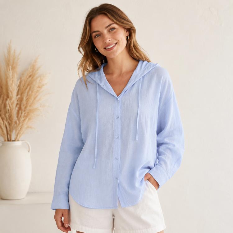 Light blue hooded linen coat with long sleeves, button front, and drawstring ties
