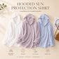 Hooded sun protection shirt in white, pink, and light blue, long-sleeve linen
