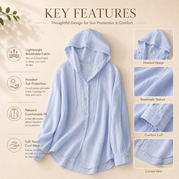 Light blue hooded long-sleeve linen shirt with button front and drawstring