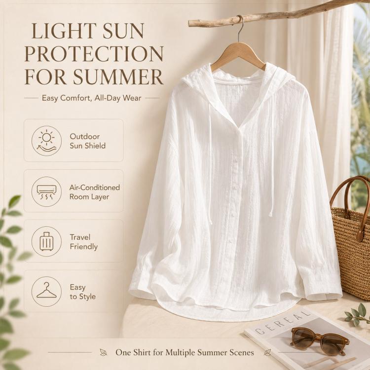 White hooded long-sleeve linen sun protection shirt on a hanger with button front