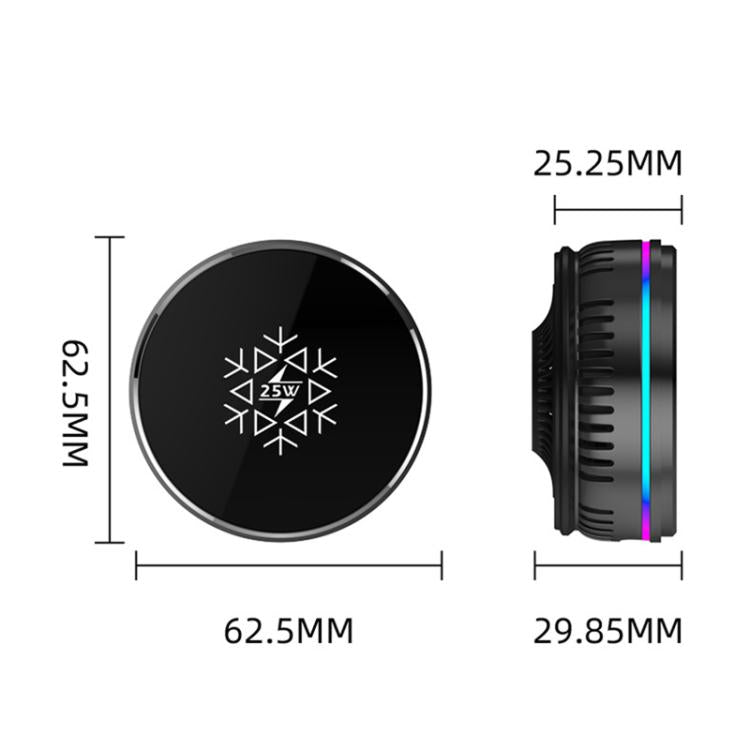Black wireless car charger with side and front dimensions, circular magnetic face