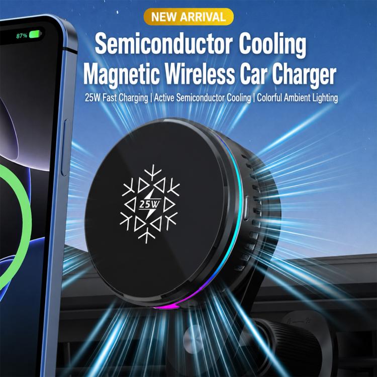 Black magnetic wireless car charger with blue LED ring, in-car dashboard mount