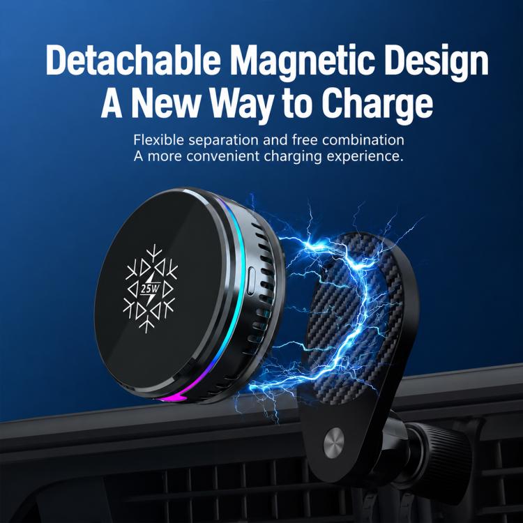 Black magnetic wireless car charger with detachable magnetic design, blue LED ring