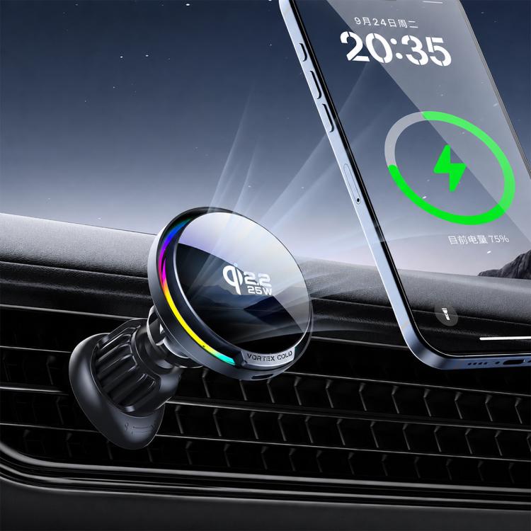 Magnetic wireless car charger with cooling fan ring, mounted on dashboard air vent