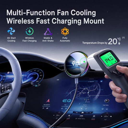Wireless car phone charging mount with circular cooler housing and magnetic alignment