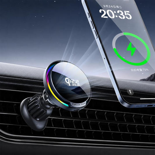 Magnetic wireless car charger with cooling fan ring, mounted on dashboard air vent