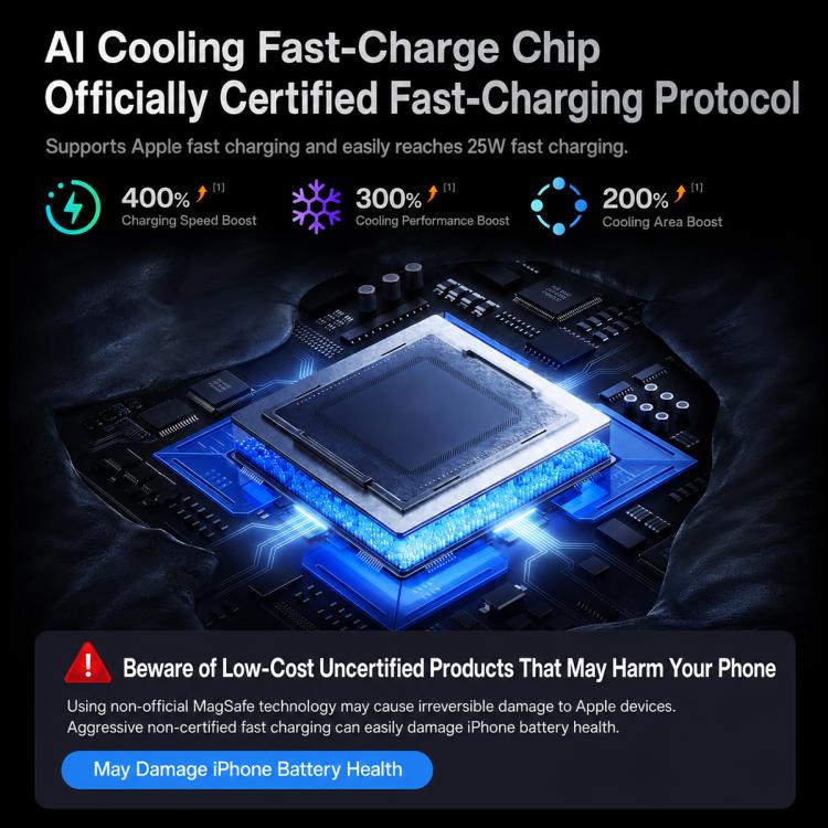 Blue-lit charging controller chip on a circuit board for wireless charging
