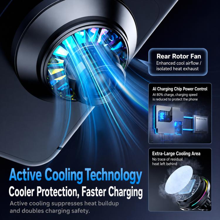 Wireless car charger with rear rotor fan inside a circular cooling housing