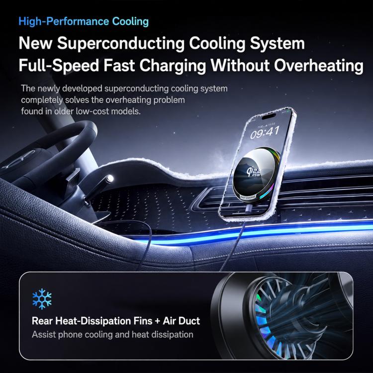 Wireless car phone charging mount with circular cooler housing in car interior